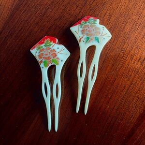 Vintage Japanese Kanzashi Bachigata Geisha Hair Pins Hand Painted floral peony